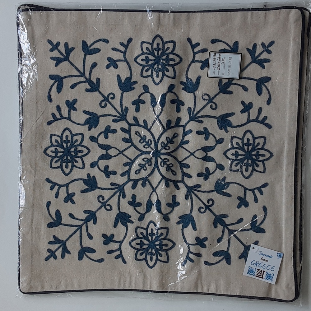Navy Tan Pillow Covers 18" x 18" Set of 2 Machine Embroidery Souvenir Greece NWT